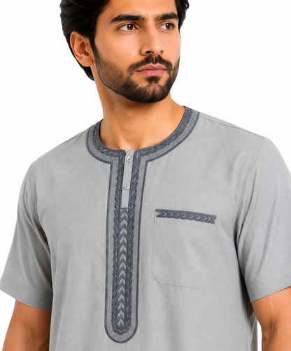 Men's Jalabiya - Design 2 - Grey - embroidery close-up