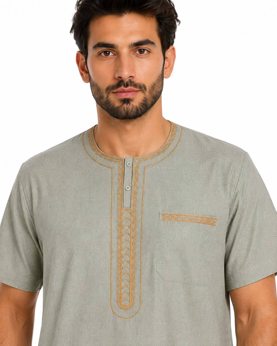 Men's Jalabiya - Design 2 - Light Seagreen - embroidery close-up