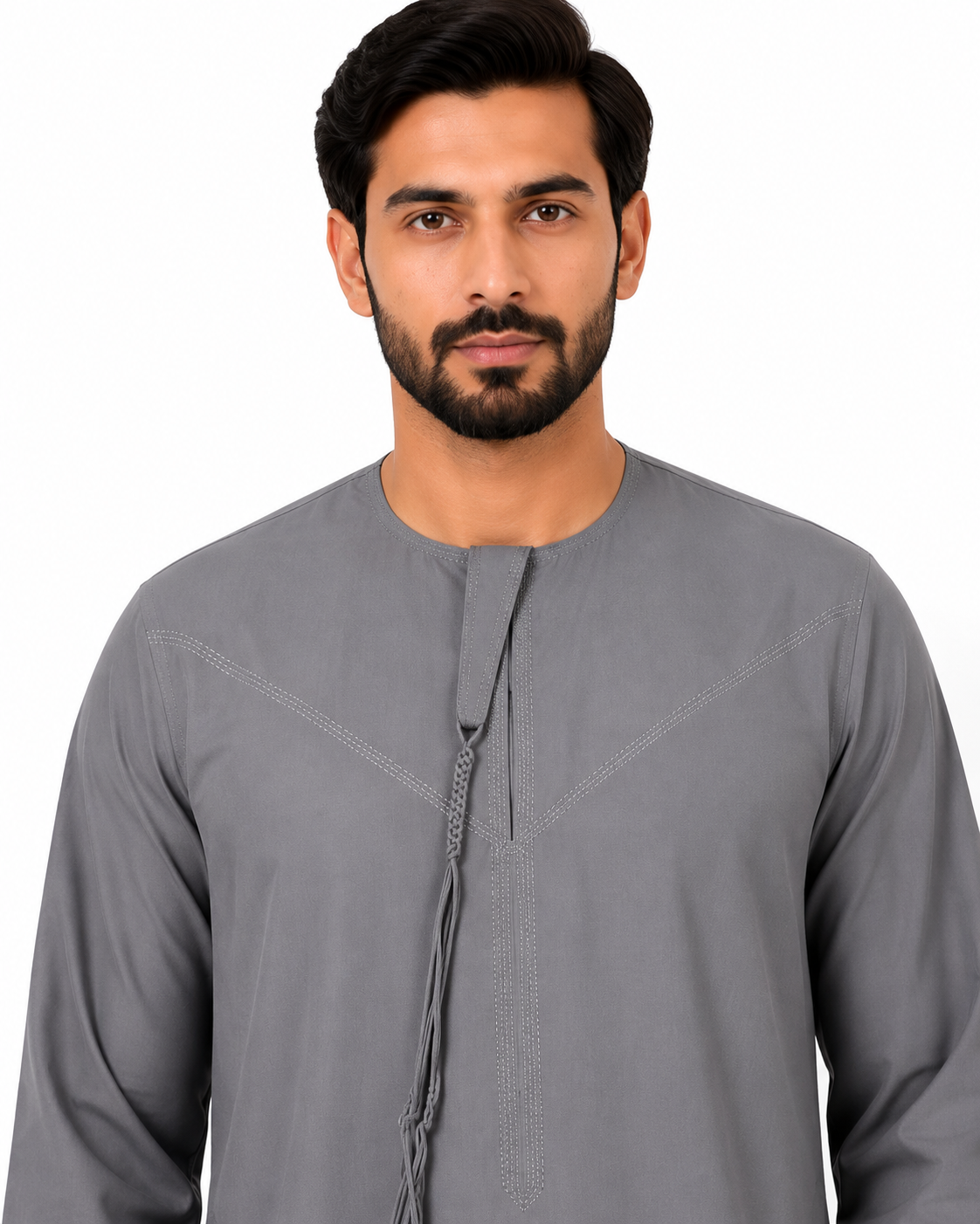 Men's Kandura - Design 2 - Grey - neckline and tassel close-up