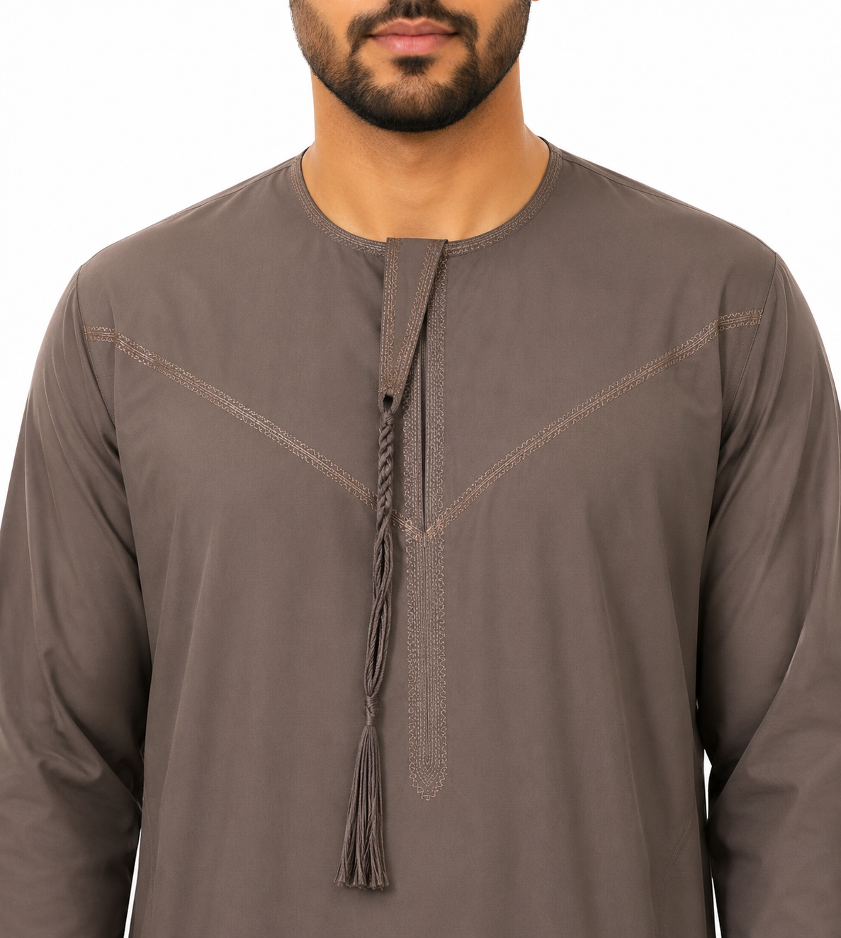 Men's Kandura - Design 2 - Coffee Brown - neckline and tassel close-up