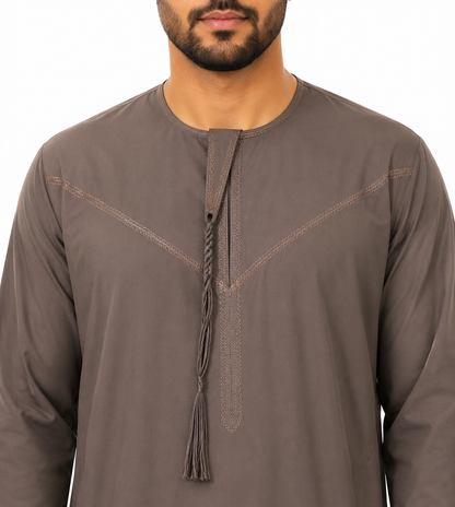 Men's Kandura - Design 2 - Coffee Brown - neckline and tassel close-up