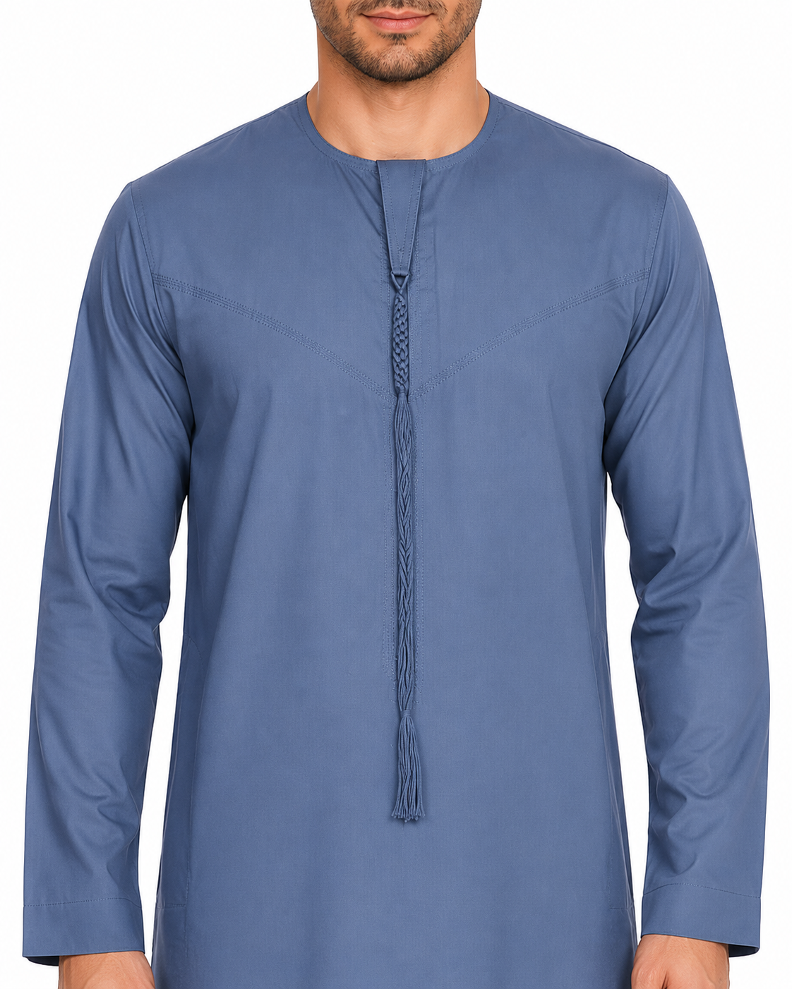 Men's Kandura - Design 2 - Steel Blue - neckline and tassel close-up