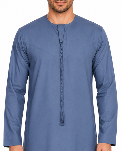 Men's Kandura - Design 2 - Steel Blue - neckline and tassel close-up