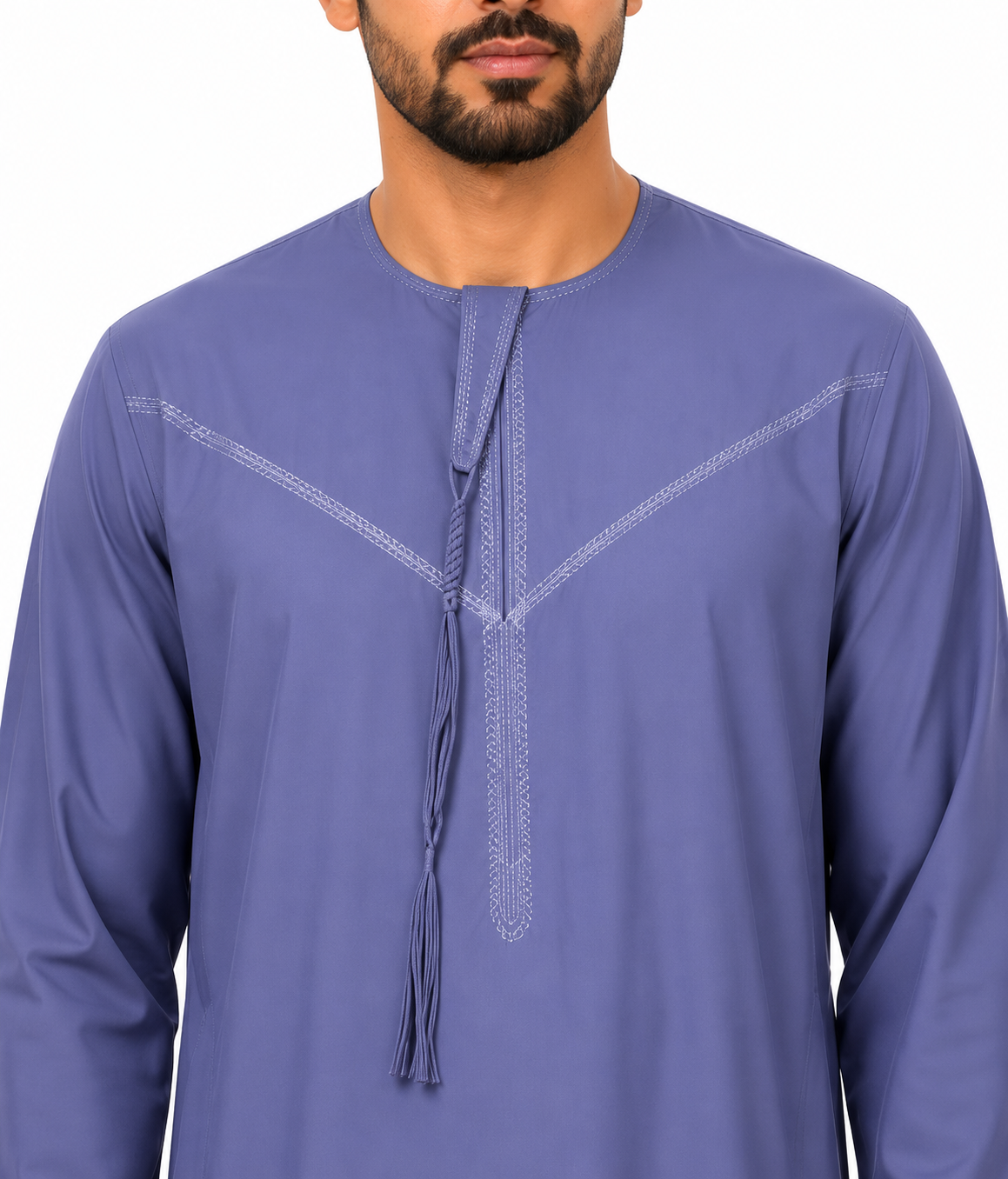Men's Kandura - Design 2 - Slate Blue - neckline and tassel close-up