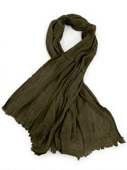 SHADOW Premium Crinkle Cotton Hijab with Black Crochet Lace Border & Fringed Edges