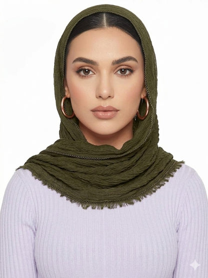 SHADOW Premium Crinkle Cotton Hijab with Black Crochet Lace Border & Fringed Edges