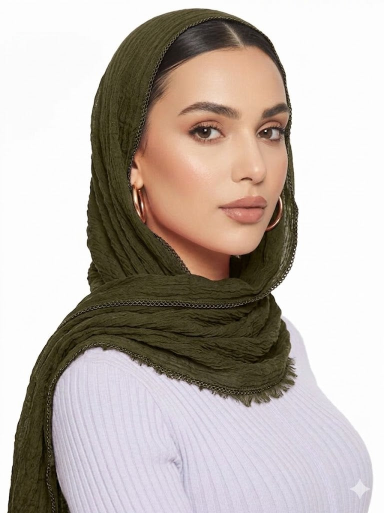 SHADOW Premium Crinkle Cotton Hijab with Black Crochet Lace Border & Fringed Edges