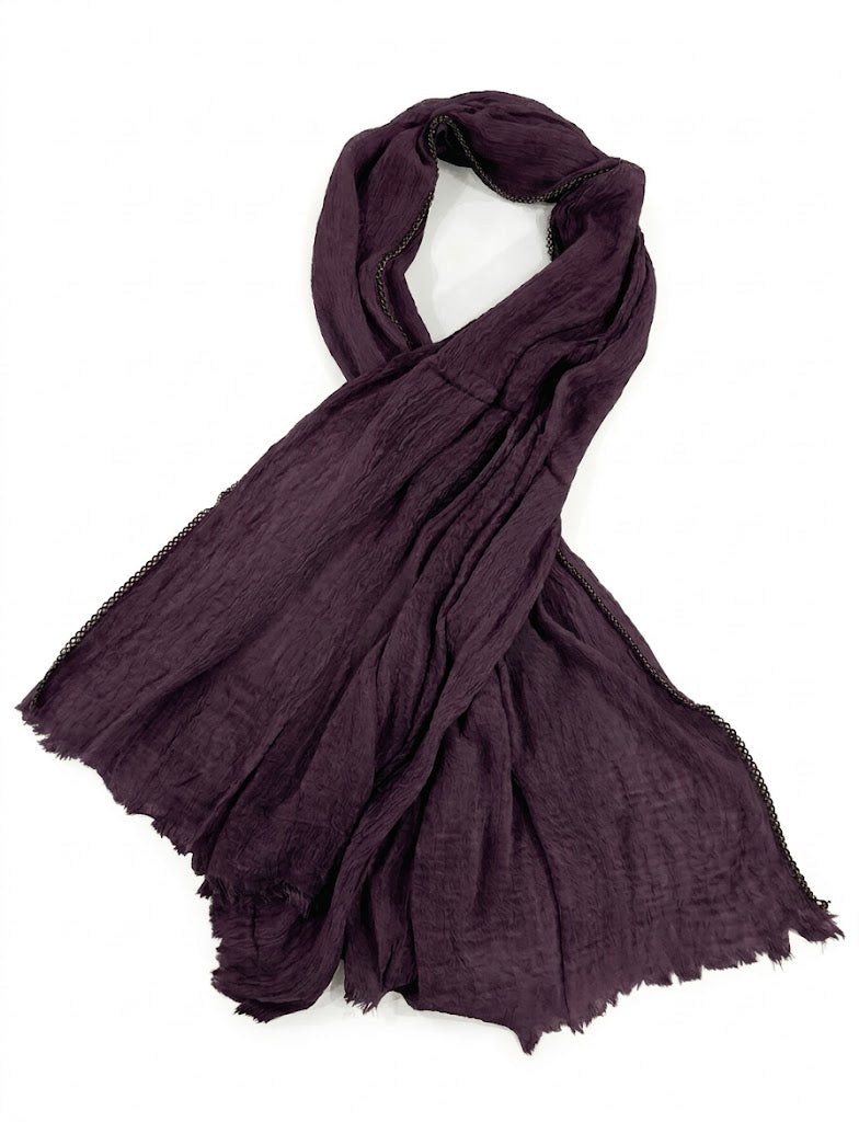 SHADOW Premium Crinkle Cotton Hijab with Black Crochet Lace Border & Fringed Edges