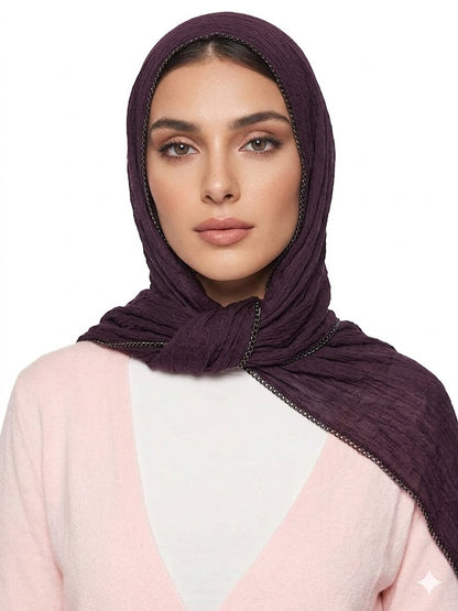 SHADOW Premium Crinkle Cotton Hijab with Black Crochet Lace Border & Fringed Edges