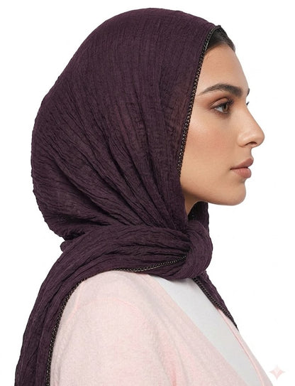 SHADOW Premium Crinkle Cotton Hijab with Black Crochet Lace Border & Fringed Edges