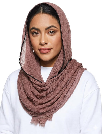 SHADOW Premium Crinkle Cotton Hijab with Black Crochet Lace Border & Fringed Edges