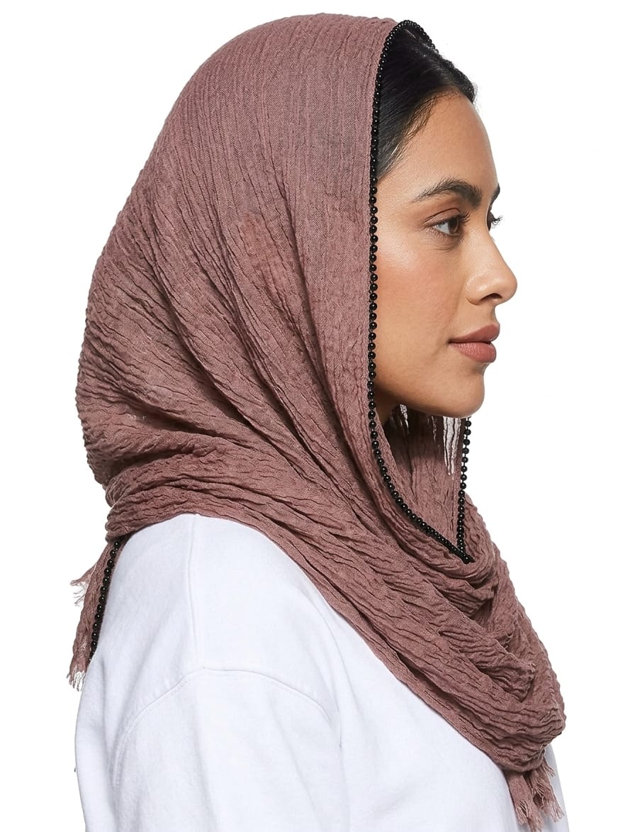SHADOW Premium Crinkle Cotton Hijab with Black Crochet Lace Border & Fringed Edges