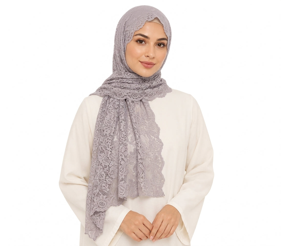 Floral Lace Shailah with Scalloped Edge - Grey
