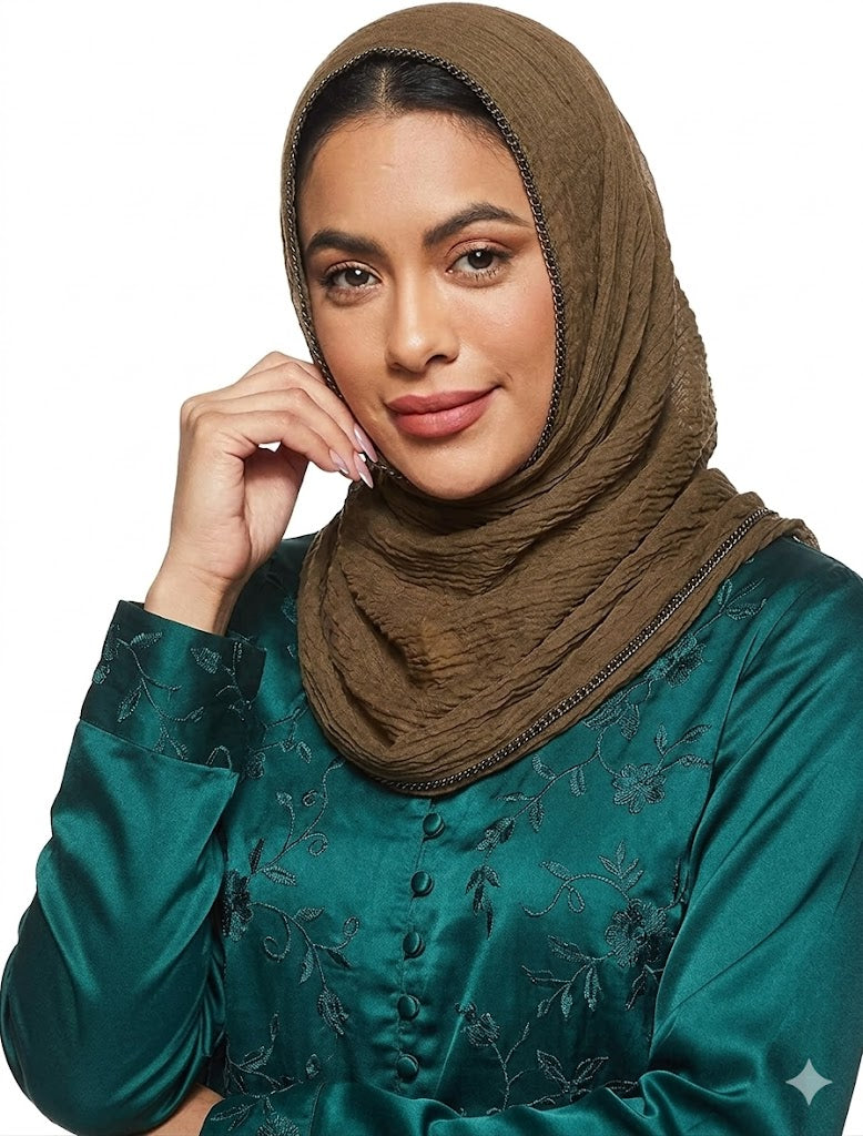 SHADOW Premium Crinkle Cotton Hijab with Black Crochet Lace Border & Fringed Edges
