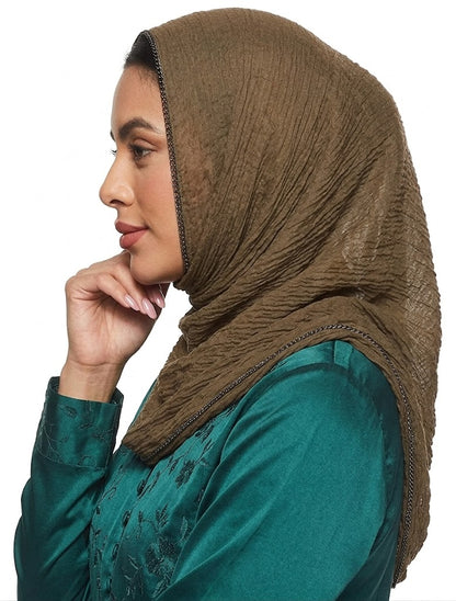 SHADOW Premium Crinkle Cotton Hijab with Black Crochet Lace Border & Fringed Edges
