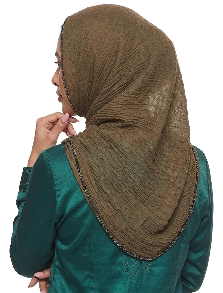 SHADOW Premium Crinkle Cotton Hijab with Black Crochet Lace Border & Fringed Edges