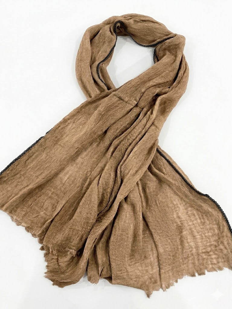 SHADOW Premium Crinkle Cotton Hijab with Black Crochet Lace Border & Fringed Edges