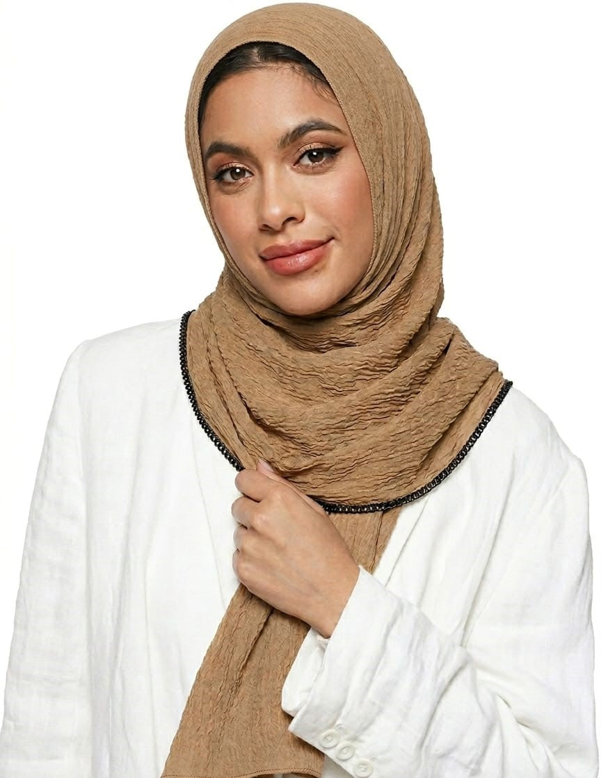 SHADOW Premium Crinkle Cotton Hijab with Black Crochet Lace Border & Fringed Edges