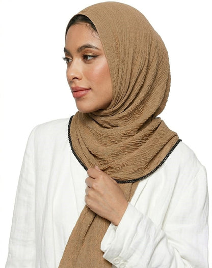 SHADOW Premium Crinkle Cotton Hijab with Black Crochet Lace Border & Fringed Edges