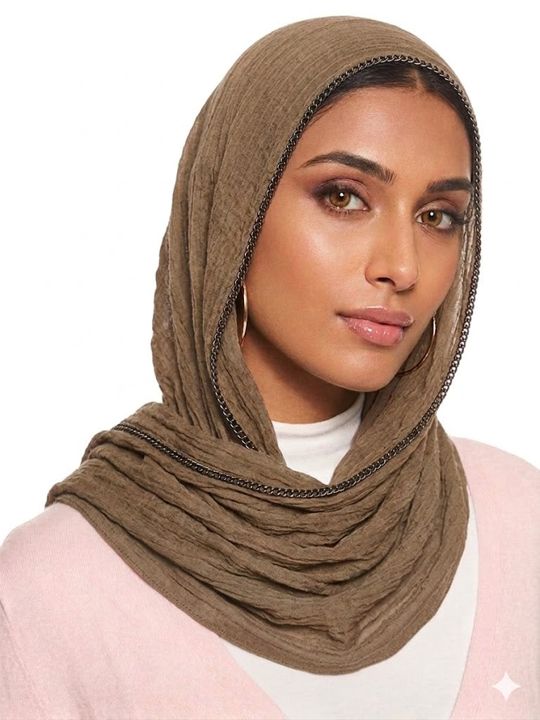 SHADOW Premium Crinkle Cotton Hijab with Black Crochet Lace Border & Fringed Edges