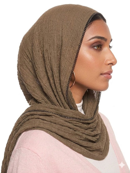 SHADOW Premium Crinkle Cotton Hijab with Black Crochet Lace Border & Fringed Edges