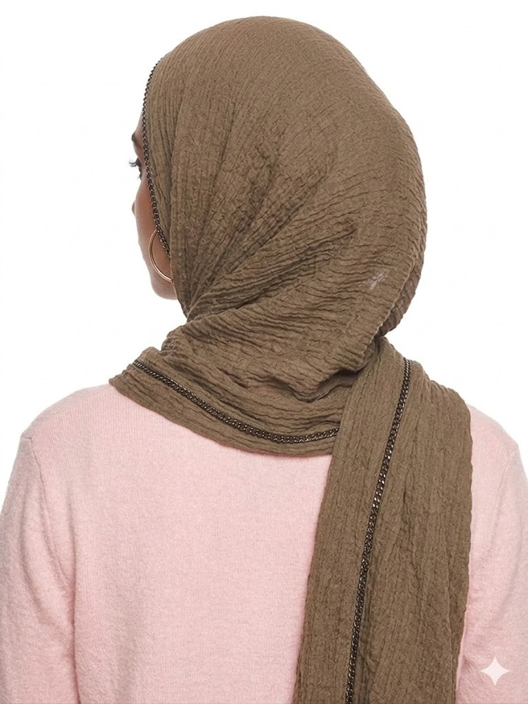 SHADOW Premium Crinkle Cotton Hijab with Black Crochet Lace Border & Fringed Edges