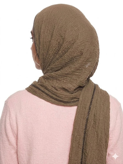 SHADOW Premium Crinkle Cotton Hijab with Black Crochet Lace Border & Fringed Edges