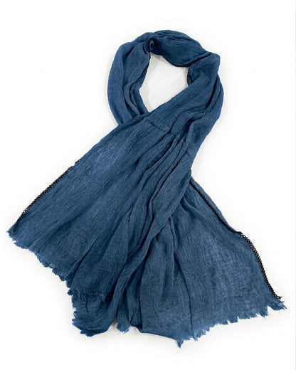 SHADOW Premium Crinkle Cotton Hijab with Black Crochet Lace Border & Fringed Edges