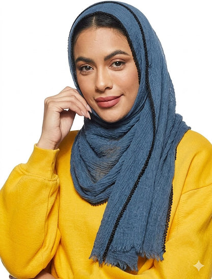 SHADOW Premium Crinkle Cotton Hijab with Black Crochet Lace Border & Fringed Edges