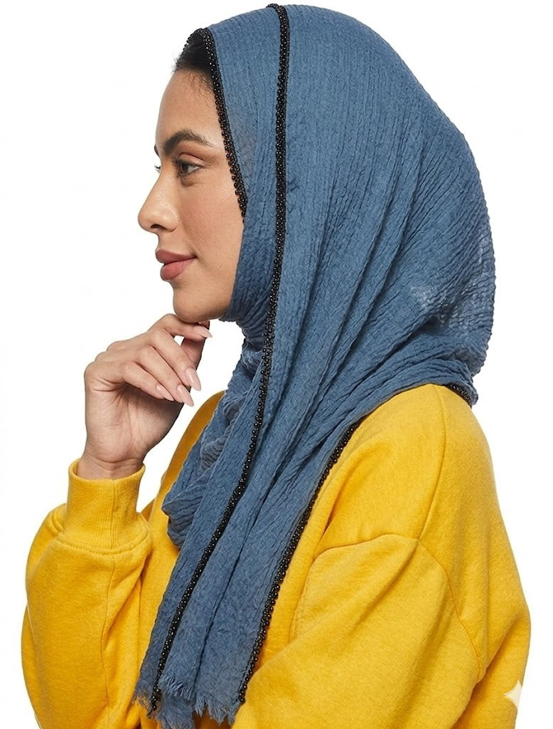 SHADOW Premium Crinkle Cotton Hijab with Black Crochet Lace Border & Fringed Edges