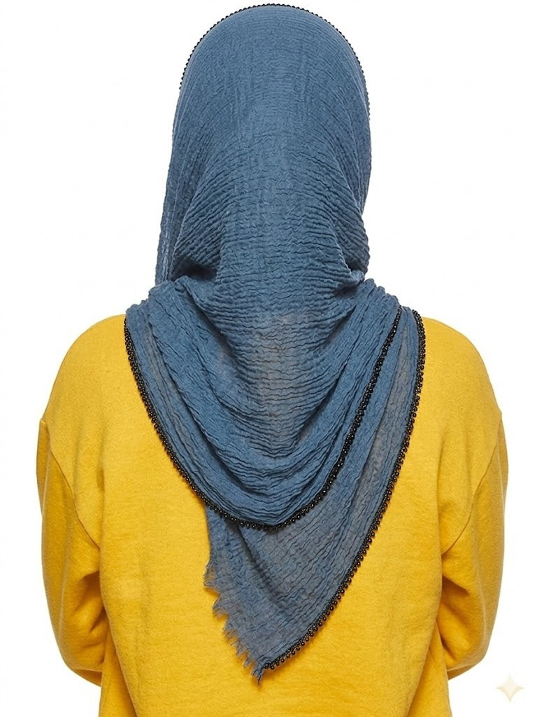 SHADOW Premium Crinkle Cotton Hijab with Black Crochet Lace Border & Fringed Edges
