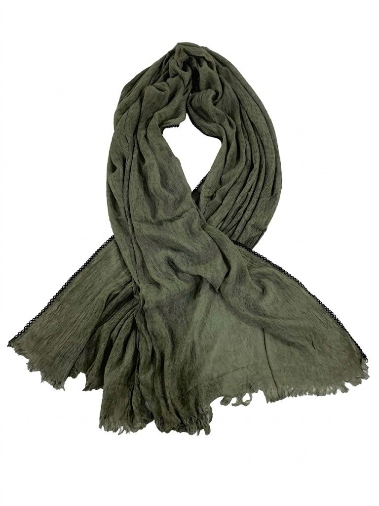 SHADOW Premium Crinkle Cotton Hijab with Black Crochet Lace Border & Fringed Edges