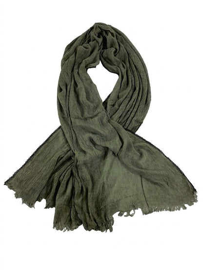 SHADOW Premium Crinkle Cotton Hijab with Black Crochet Lace Border & Fringed Edges