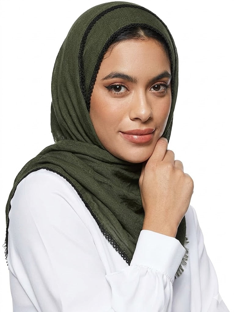SHADOW Premium Crinkle Cotton Hijab with Black Crochet Lace Border & Fringed Edges