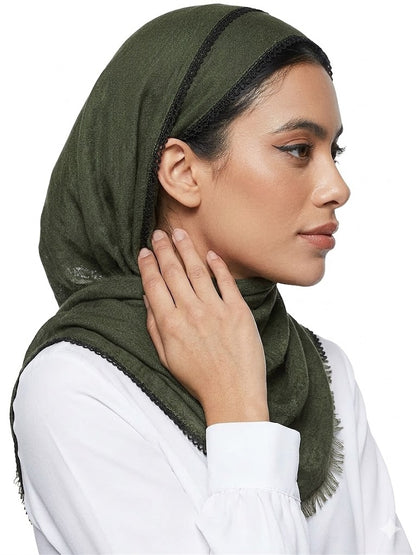 SHADOW Premium Crinkle Cotton Hijab with Black Crochet Lace Border & Fringed Edges