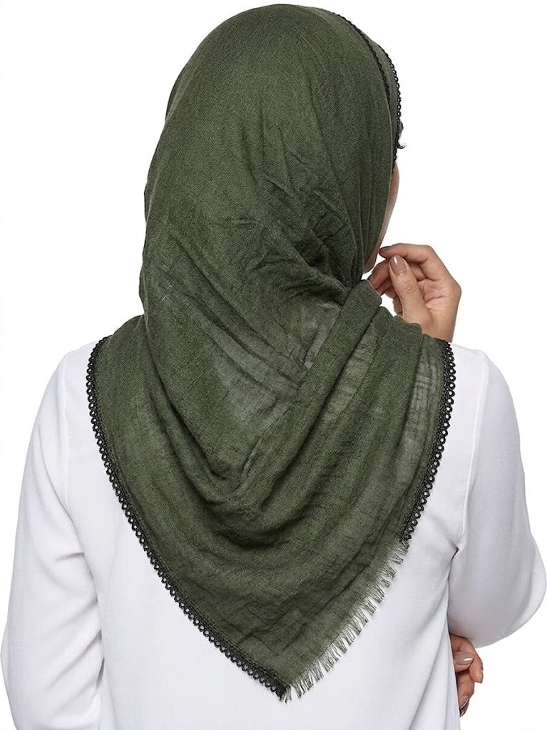 SHADOW Premium Crinkle Cotton Hijab with Black Crochet Lace Border & Fringed Edges