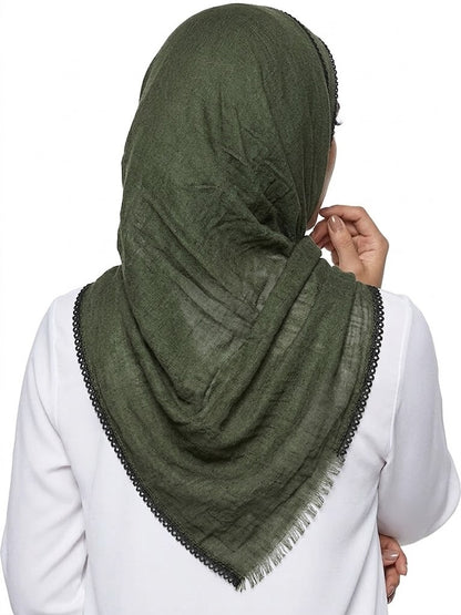 SHADOW Premium Crinkle Cotton Hijab with Black Crochet Lace Border & Fringed Edges