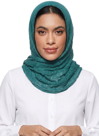 SHADOW Premium Crinkle Cotton Hijab with Black Crochet Lace Border & Fringed Edges