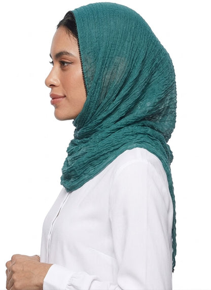 SHADOW Premium Crinkle Cotton Hijab with Black Crochet Lace Border & Fringed Edges