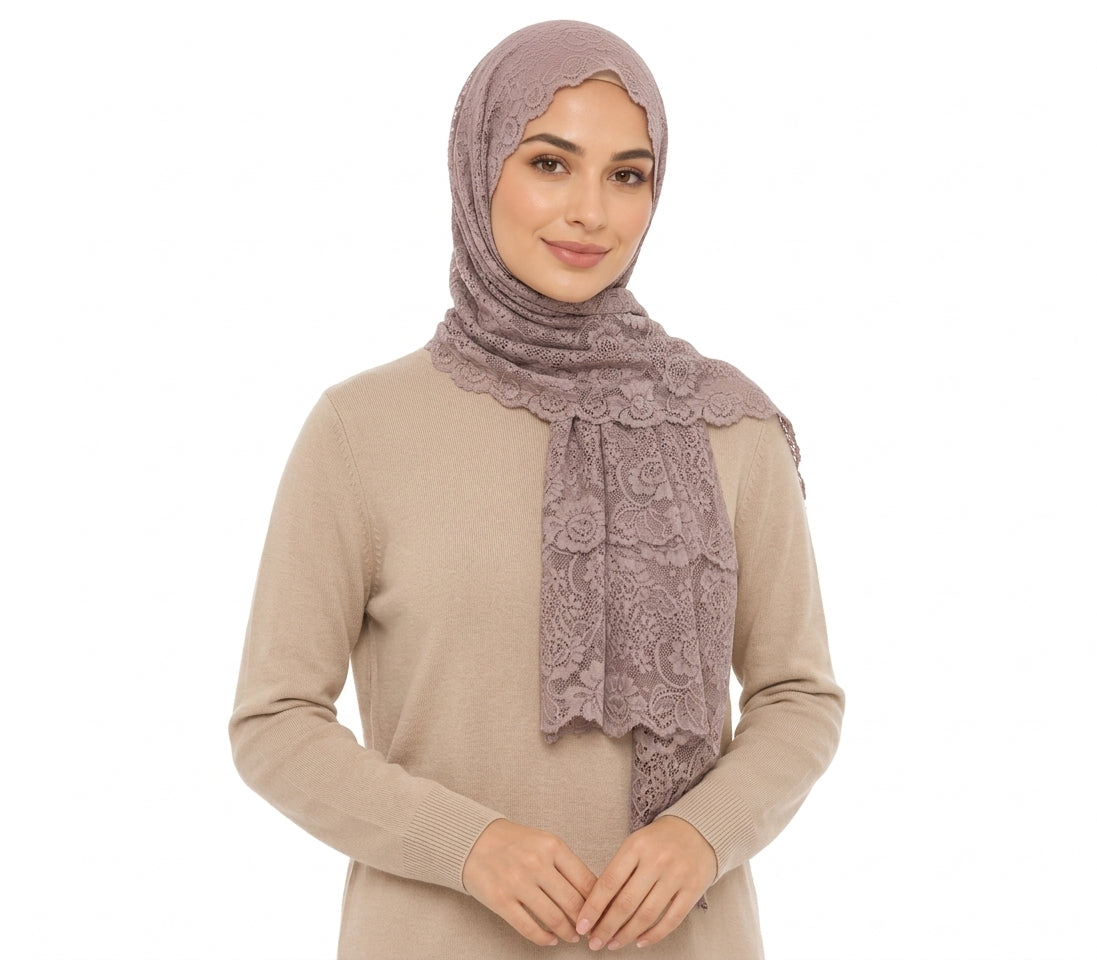 Floral Lace Shailah with Scalloped Edge - Lilac