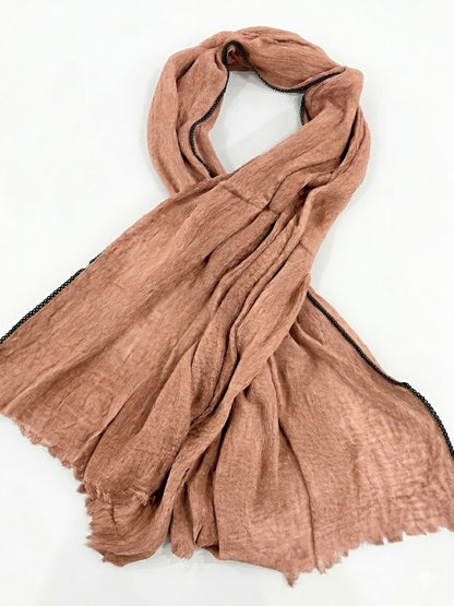 SHADOW Premium Crinkle Cotton Hijab with Black Crochet Lace Border & Fringed Edges