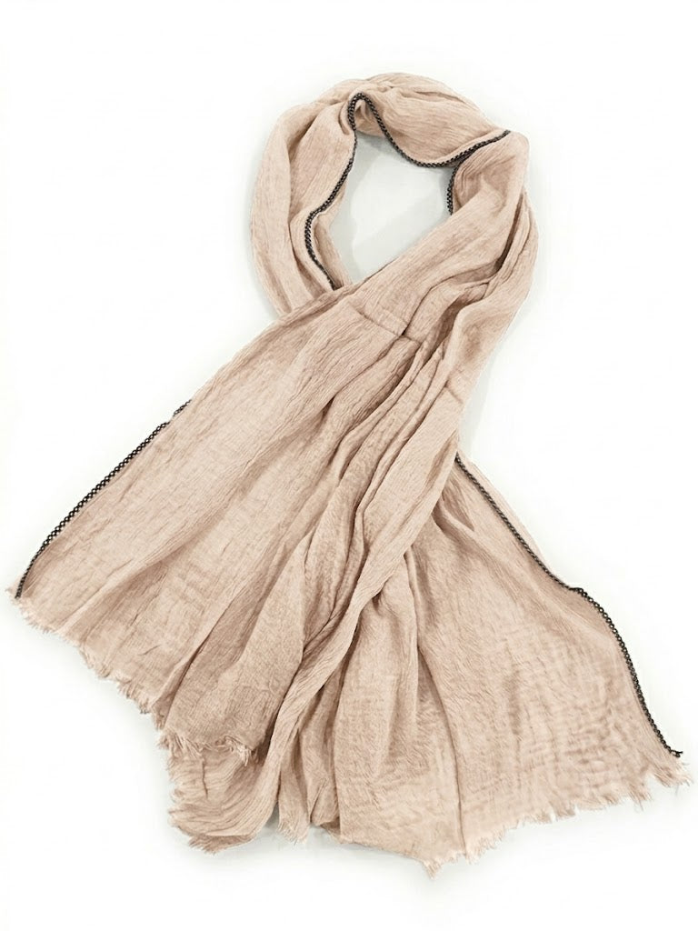 SHADOW Premium Crinkle Cotton Hijab with Black Crochet Lace Border & Fringed Edges