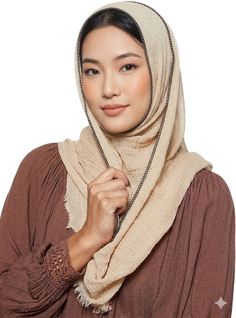 SHADOW Premium Crinkle Cotton Hijab with Black Crochet Lace Border & Fringed Edges