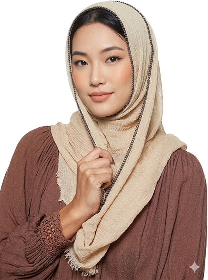 SHADOW Premium Crinkle Cotton Hijab with Black Crochet Lace Border & Fringed Edges