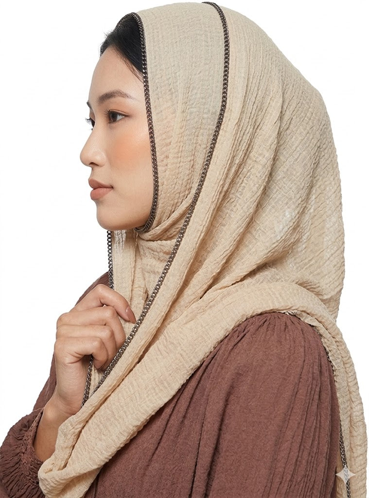 SHADOW Premium Crinkle Cotton Hijab with Black Crochet Lace Border & Fringed Edges