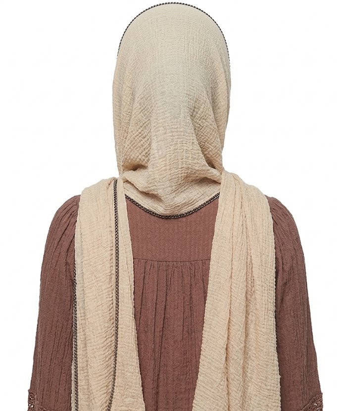 SHADOW Premium Crinkle Cotton Hijab with Black Crochet Lace Border & Fringed Edges