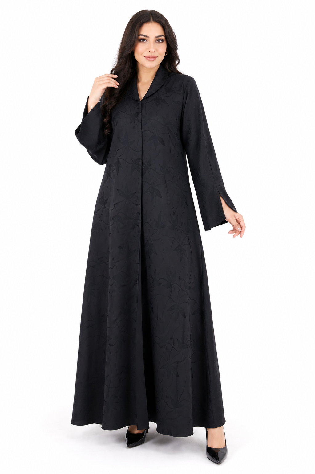Classic Black Jacquard Abaya with Split Cuffs