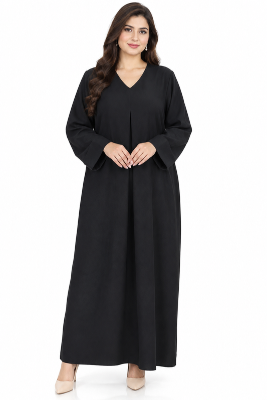 Classic Black V-Neck Pleated Abaya