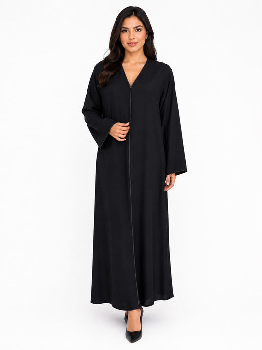 Classic Black Abaya with Piped Front Trim