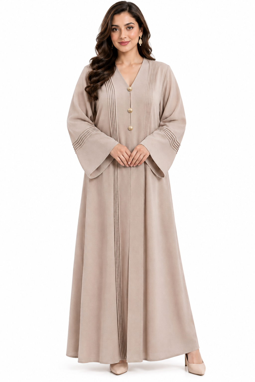 Beige Pintuck Abaya with Gold Buttons